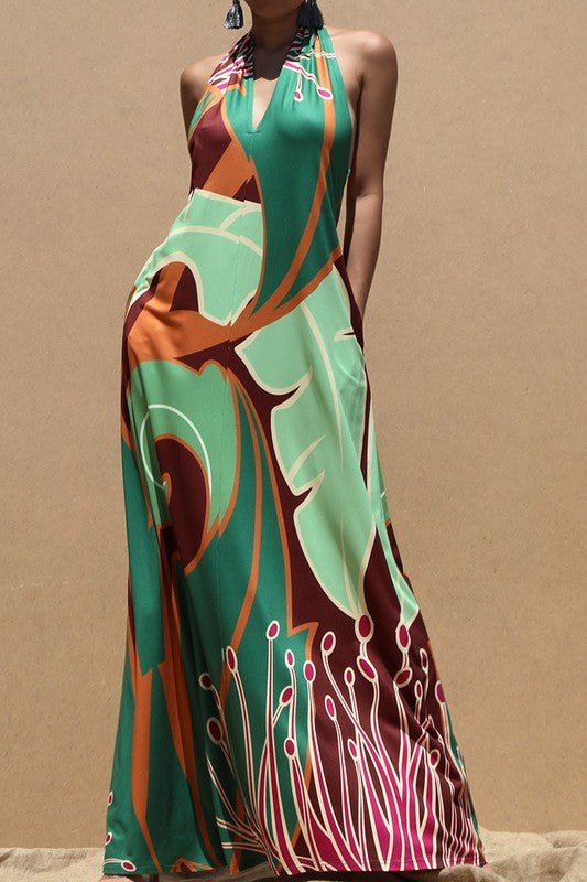Tropical Print Halter Maxi Dress
