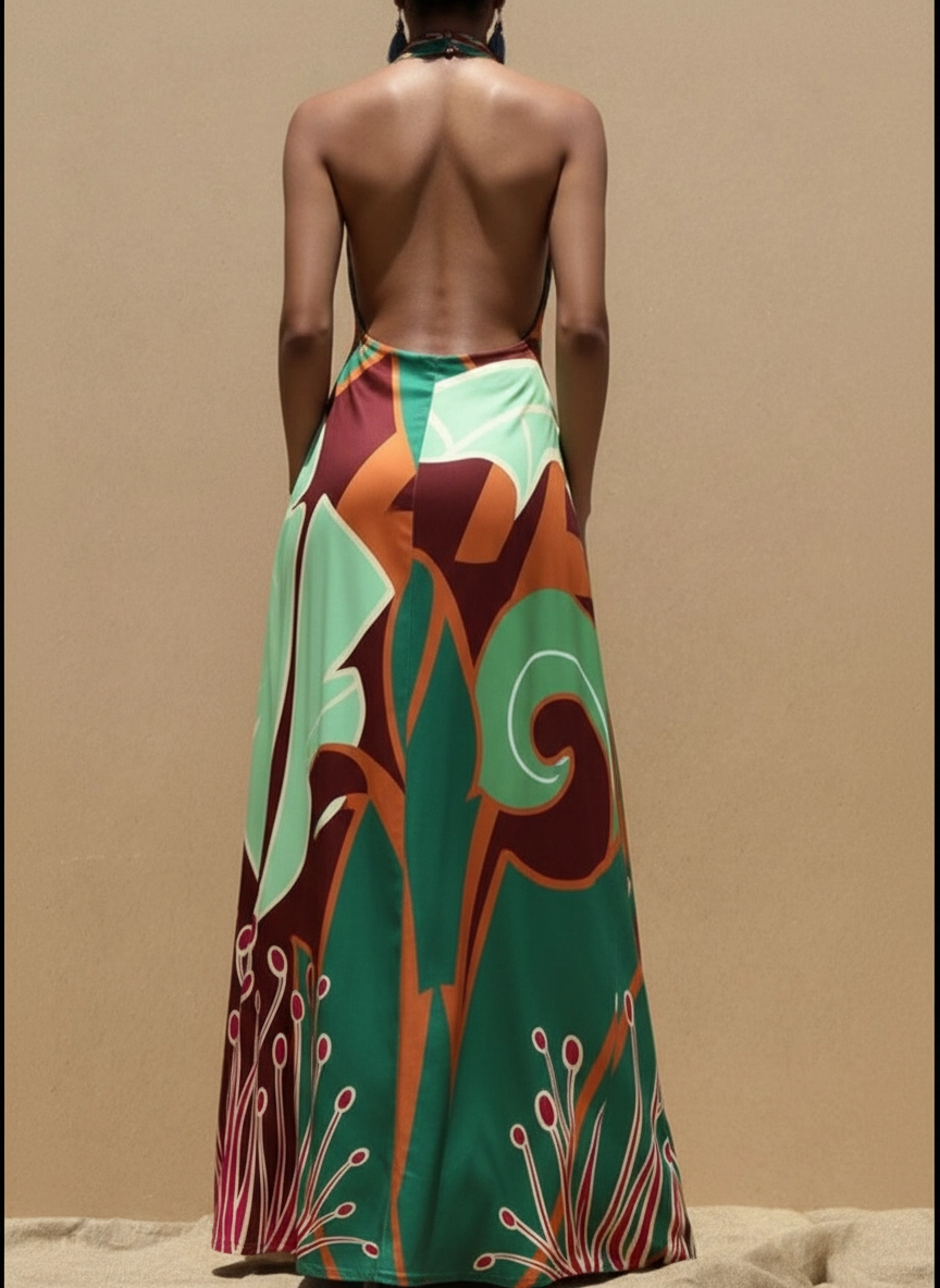 Tropical Print Halter Maxi Dress